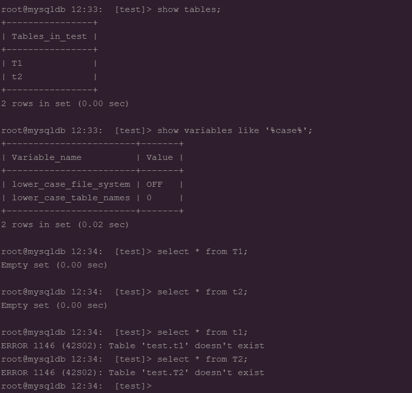 lower_case_table_names=0的执行情况