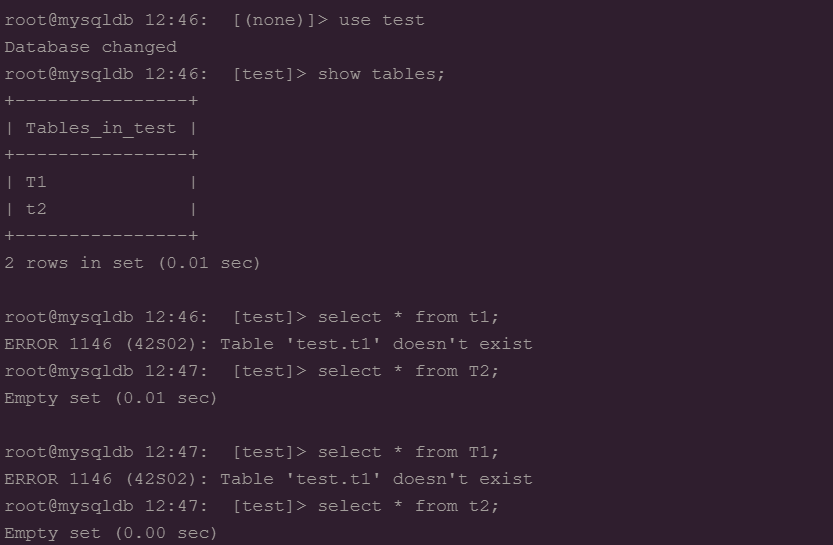 lower_case_table_names=1的执行情况